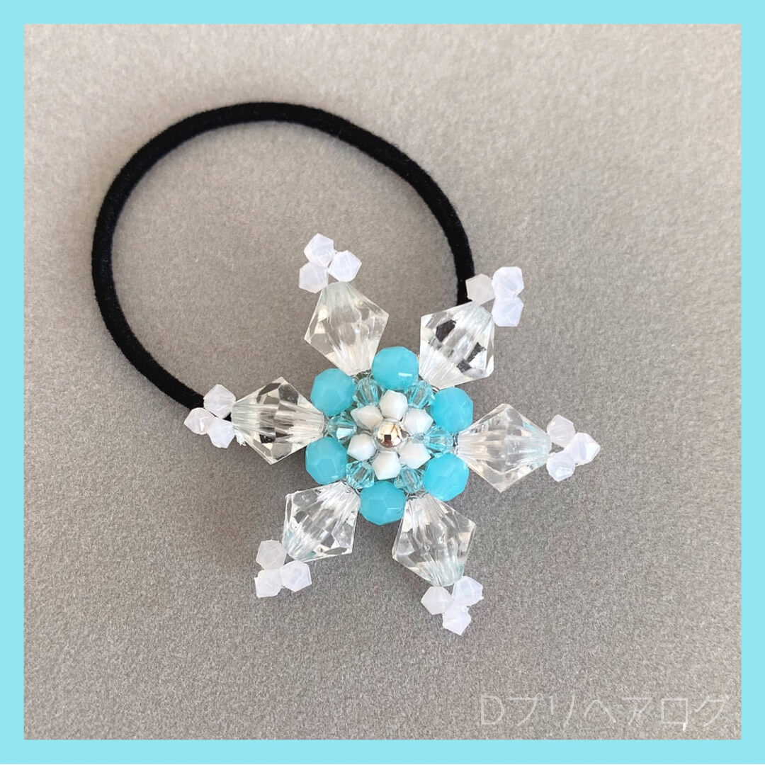 雪の結晶のヘアゴム(ブルーグリーン×クリア) 4個セット – D
