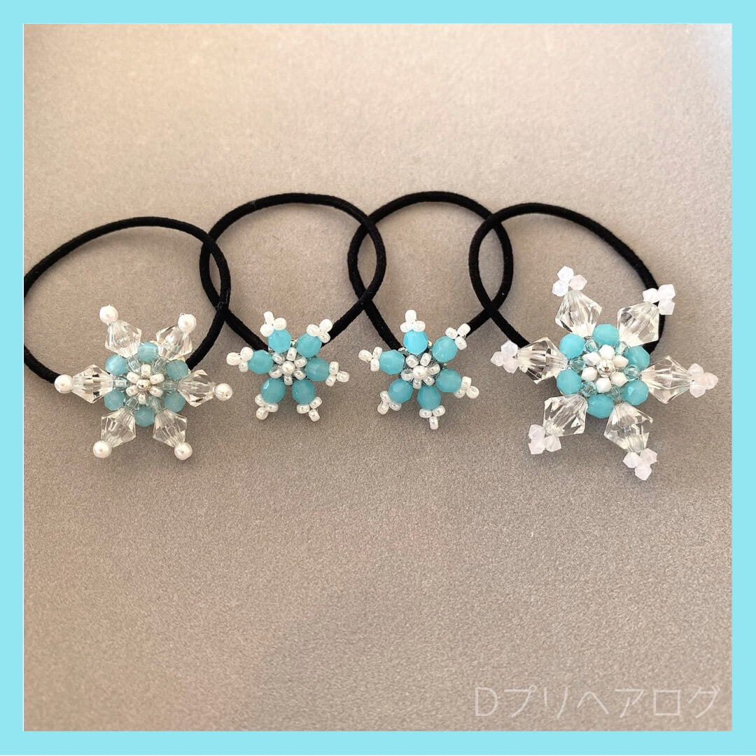 ゆきそら　ブ764*ヘアゴム 雪の結晶のヘアゴム(ブルーグリーン×クリア) 4個セット – D